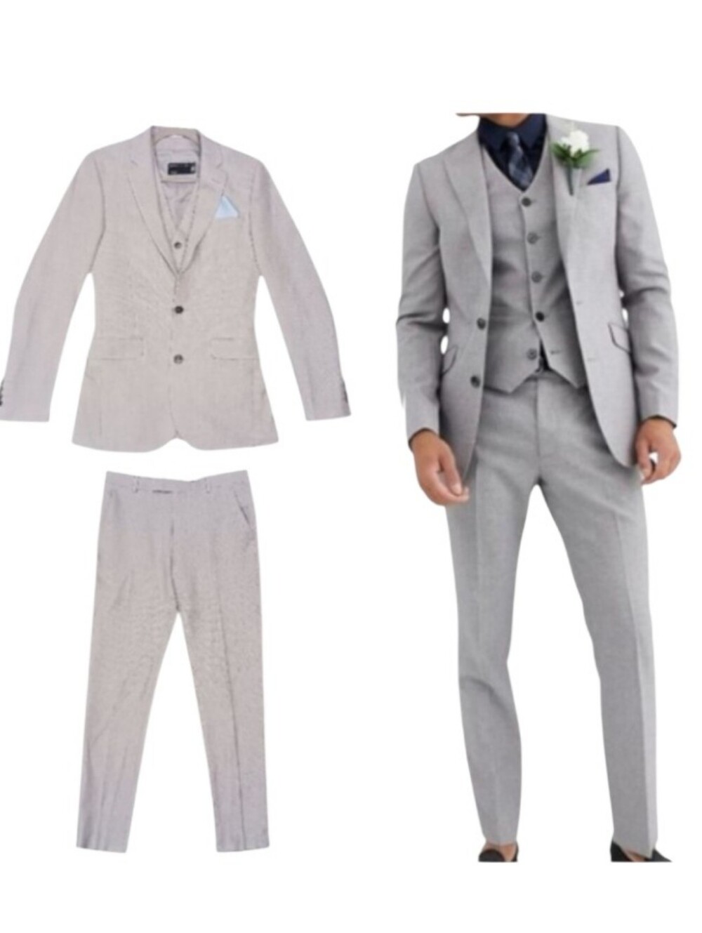 ASOS 3-PC Slim Fit Suit Set Groomsman Wedding Ice Gray
